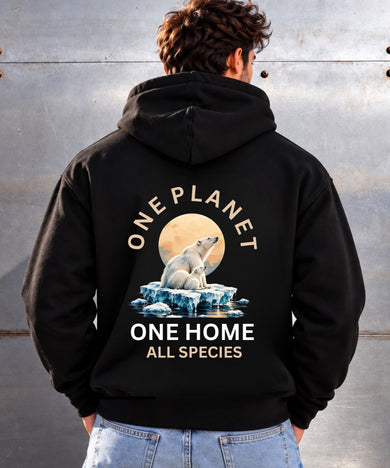 Back of a black Zestee hoodie printed with One Planet, One Home, All Species - a polar bear and cub on ice beneath a full moon