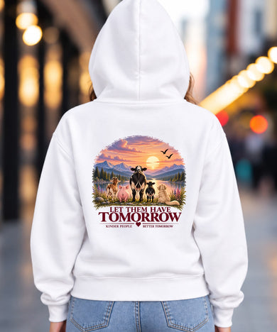 Back of a white Zestee hoodie printed with Let Them Have Tomorrow - a cow, calf, pig, goat and dog at sunrise